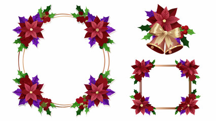 Festive christmas decorations featuring poinsettias holly berries and bells arranged in decorative frames and borders