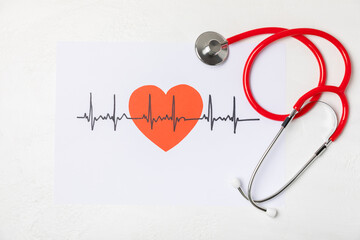 Medical stethoscope, red heart, and cardiogram on a color background. ECG, Heart wave, heart attack, cardiogram report. Cardiogram pulse trace and heart concept. Healthcare.Space for text