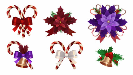 Collection of festive christmas decorations including candy canes poinsettias bells and holly sprigs with bows on a white background