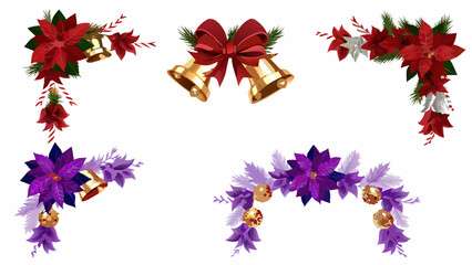 Festive christmas decorations featuring poinsettias golden bells pine branches and red bows on a white background