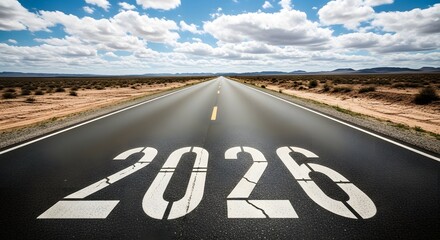 The road ahead shows the year 2026 painted on the asphalt