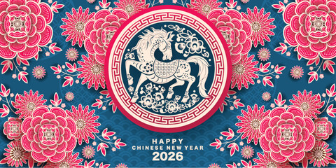 Happy chinese new year 2026 the horse zodiac sign with flower,lantern,asian elements red paper cut style on color background. ( Translation : happy new year 2026 year of the horse )