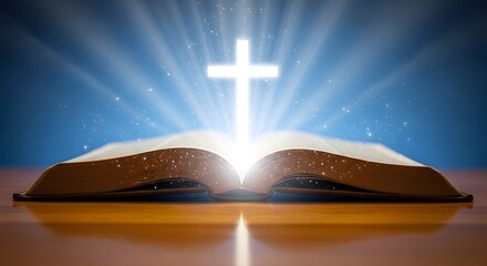 Open bible with glowing cross and light rays emanating from it