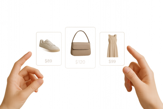 Online Shopping Concept Demonstrating Trendy Clothing Items for Sale with Touch Interaction Transparent Background