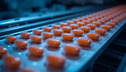 Obraz premium Pharmaceutical manufacturing line with rows of orange pills in blister packs under blue industrial lighting