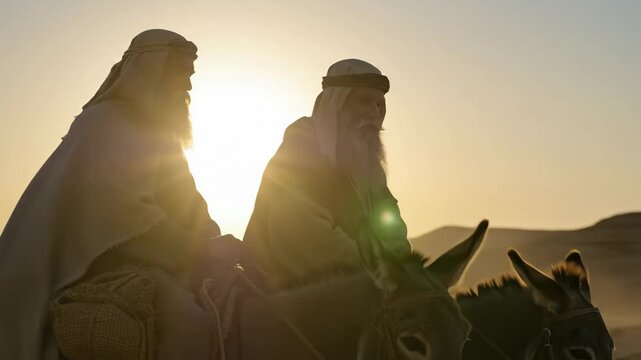 Two men with long beards riding donkeys in a desert at sunset, a biblical pilgrimage or journey in ancient times, video