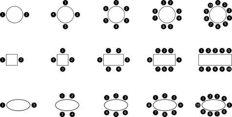 Seat plan icon set, interior design, House, restaurant, conference, school, top view, chair and table, architectural plan with blueprint, customizable stroke, vector, illustration