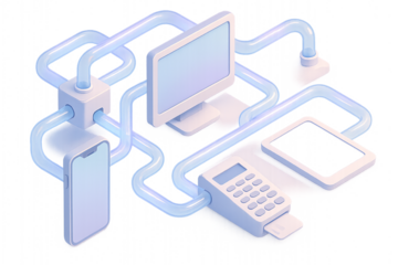 Isometric Illustration of Digital Devices Connected by Blue Pipes representing Connectivity and Data Transfer on a Transparent Background.