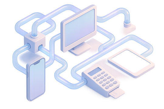 Isometric Illustration of Digital Devices Connected by Blue Pipes representing Connectivity and Data Transfer on a Transparent Background.