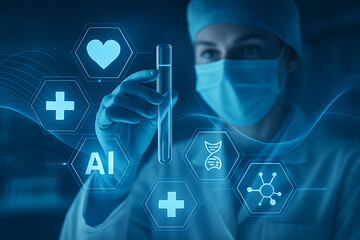 Medical innovation using artificial intelligence with doctor analyzing test tube and futuristic healthcare technology for research progress