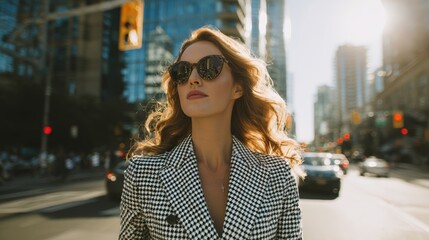 Obraz premium Confident woman walking through a busy city street wearing sunglasses and a stylish coat on a sunny afternoon
