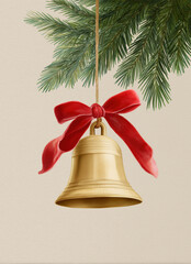Vintage style illustration of a golden Christmas bell with red ribbon hanging from evergreen pine branches