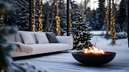 Cozy modern patio with white sofa, fire pit, and snow-covered trees with warm holiday string lights
