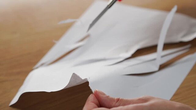 A person cuts paper with a sharp blade of a paper cutter.
A sharp paper cutter cuts a white sheet of paper.
A sharp box cutter.
A sharp object in a person's hands.