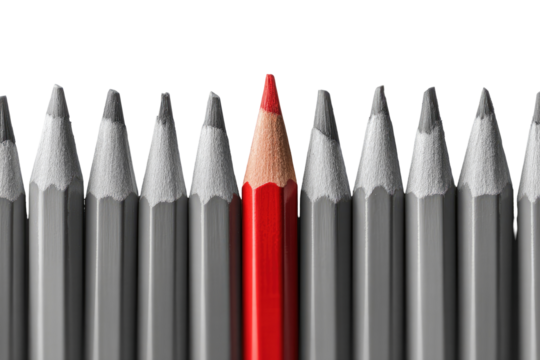A single red pencil stands out among a row of grayscale pencils