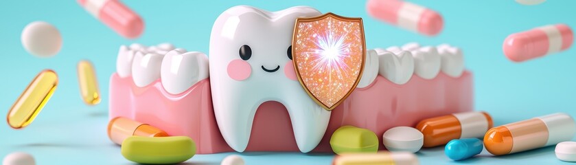 Cute cartoon tooth with shield and colorful pills, representing dental care, health, and prevention of tooth decay
