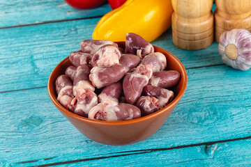 Raw chicken hearts for cooking