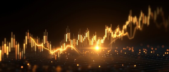Glowing financial candlestick chart with luminous upward trend lines and sparkles on dark background, symbolizing growth and success in stock market