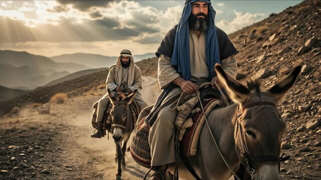 Two men riding donkeys on desert road with mountains in background, ancient biblical time journey footage