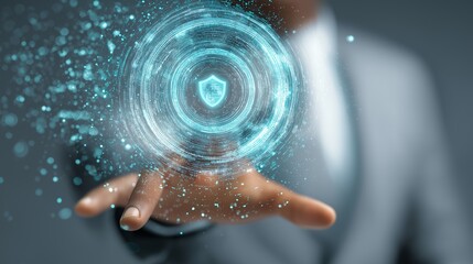 Businessman in suit extends his hand towards holographic digital interface with glowing shield icon, symbolizing cybersecurity and data protection