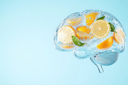 Transparent brain with citrus fruits and bubbles on blue background representing freshness and creativity in thinking