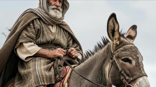 Old man in biblical robes riding a donkey against a clear sky, an ancient prophetic journey, religious travel footage.