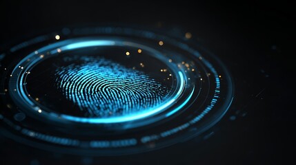 Digital fingerprint representation showcasing high-tech biometric security in dark background with glowing blue accents