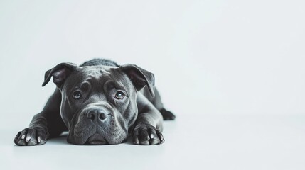 Photo of pit bull dog lying on a white background, free space for text