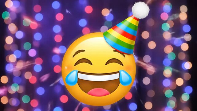 Joyful emoji celebration with party hat and bokeh background