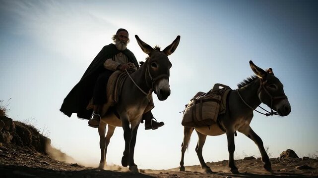 An old man riding a donkey alongside another pack donkey on a dusty road, a biblical journey through ancient lands footage.