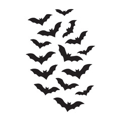 A swarm of black silhouette bats flying in a dynamic cluster against a white background