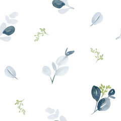 Frosted Watercolor Eucalyptus Leaf Pattern in Dusty Blue and Sage