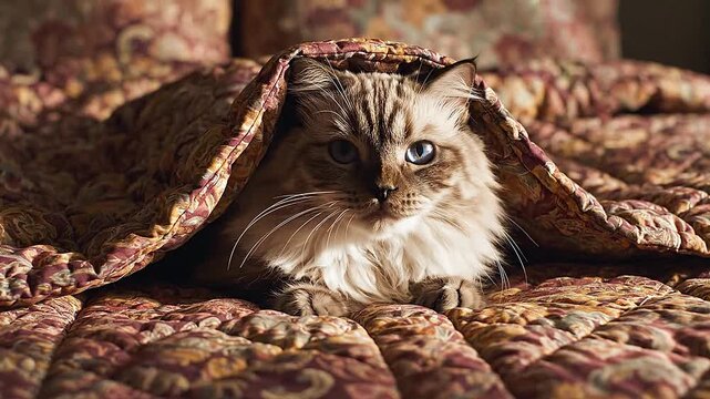 Under a blanket, a lump moves, revealing a cat hiding underneath.