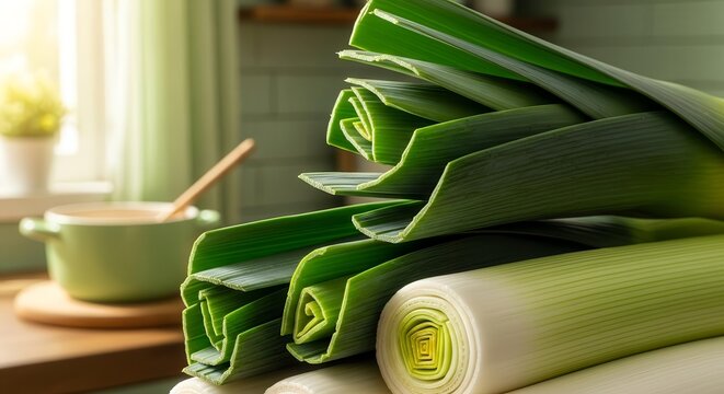 Fresh Leeks, Close-Up View, Ready to Cook, Presented in Bright Kitchen Setting