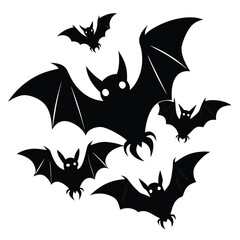 A spooky flock of silhouetted bats flying together on a white background for halloween