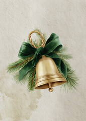 Vintage-style illustration of a golden bell tied with green velvet ribbon and pine needles