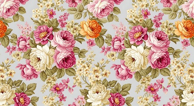 Vintage floral seamless pattern with roses and small flowers on a light gray background creates a charming and timeless design for various uses