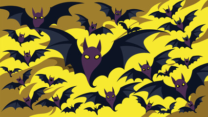 A swarm of cartoon bats with glowing eyes flies in a spooky yellow and gold background for halloween