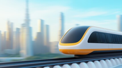 Obraz premium High-Speed Train Moving Through Modern Urban Skyline on a Clear Day with Dynamic Motion Blur Effect