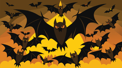 A swarm of spooky black bats flying in the night sky with glowing orange moon behind them
