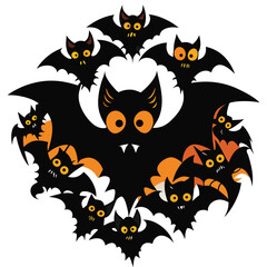 A spooky halloween decoration featuring a large central bat surrounded by many smaller bats