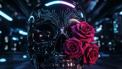 Metallic skull with roses and cybernetic detailing against dark background - Powered by Adobe