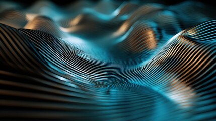 An abstract rendering of flowing waves with intricate lines and a color palette of blue and gold, conveying depth and motion in a three-dimensional landscape.