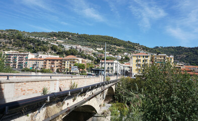 Fototapeta premium Colorful houses in old town of Ventimiglia in a beautiful summer day, Italy