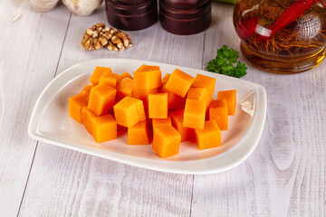 Yellow cheddae cheese cubes snack