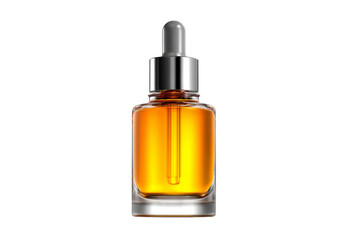 Naklejka premium Amber cosmetic serum bottle with silver dropper and golden liquid isolated on transparent background