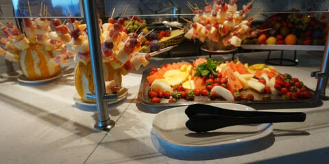 Dining Room Buffet aboard the abstract luxury cruise ship. Healthy breakfast at modern liner concept
