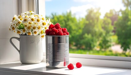 Sunny windowsill scene featuring flowers and a tin of fresh raspberries