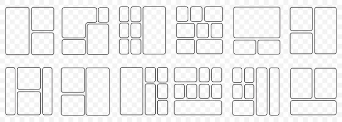 Bento grid abstract layouts with geometric tiles and rounded corners. Modern modular UI design panels, trendy web interface templates, collage frames and infographics. Bento Grid Layout Icon Set –Mod.