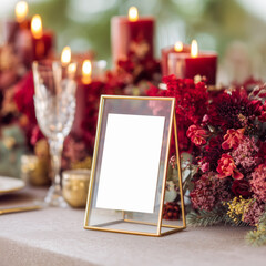 Acrylic and gold wedding sign mockup on abbanquet table surrounded by deep red floral arrangements - ideal for festive event branding, table number, menu